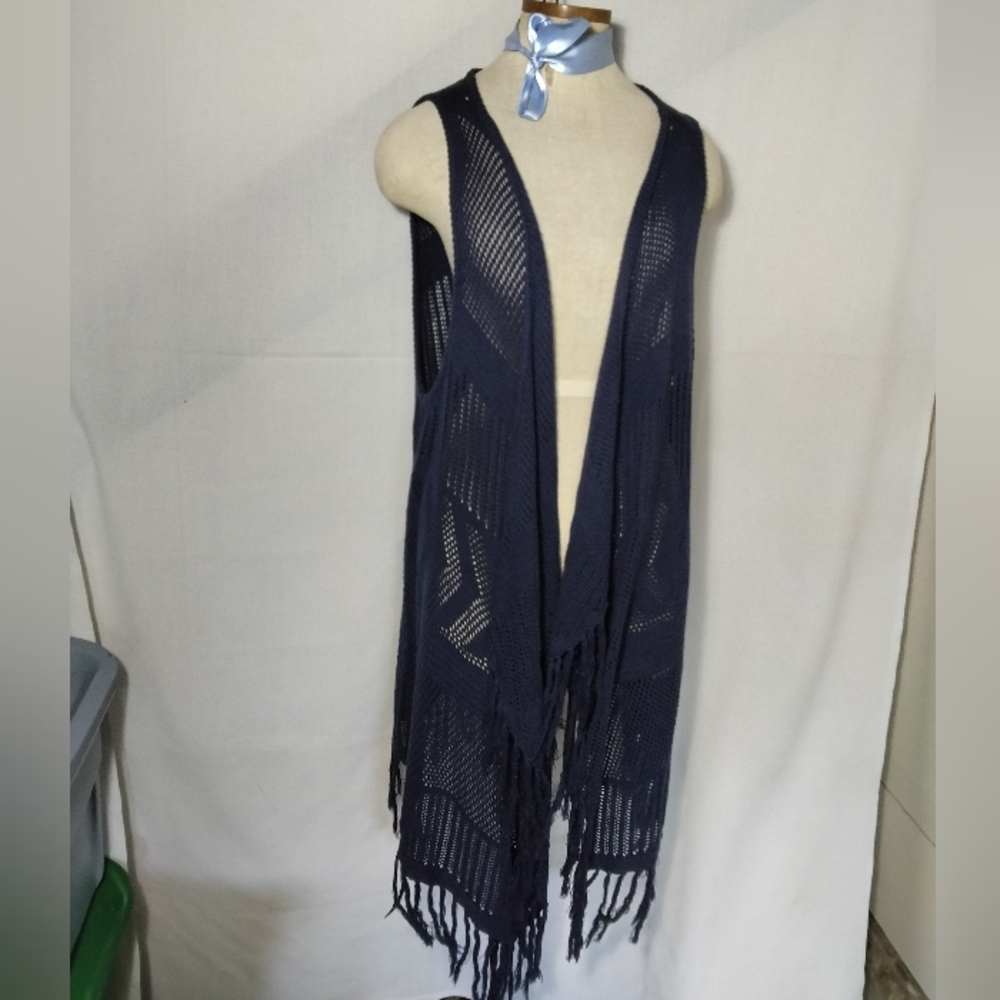 Lane Bryant Navy Crochet Vest Sleeveless Open Knit Fringe Hem 14/16